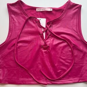 Wildcat Fuchsia Lace-Up Sleeveless Faux Leather Crop Top Rave Festival Large